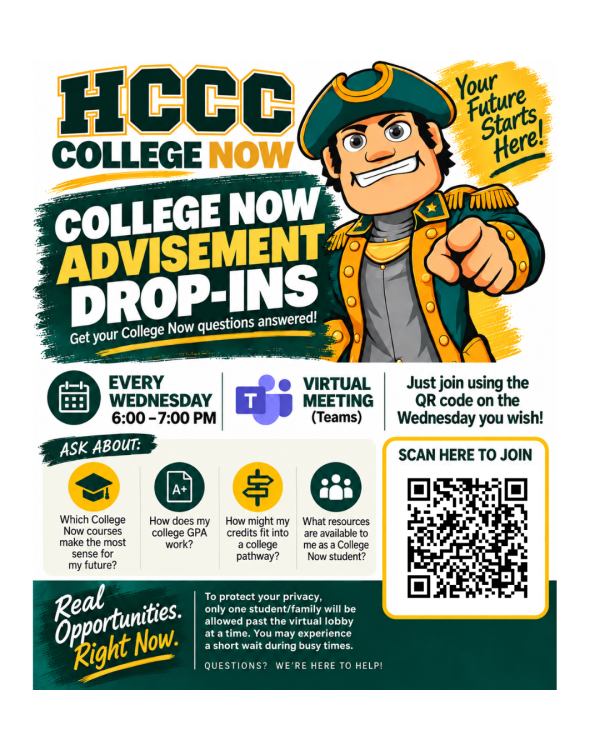 College Now Advisement Drop Ins Flyer. Information is included in text above.