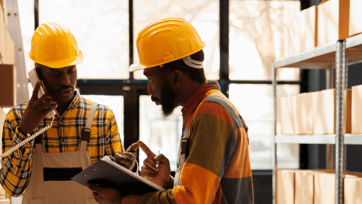 men with yellow hard hats discussing